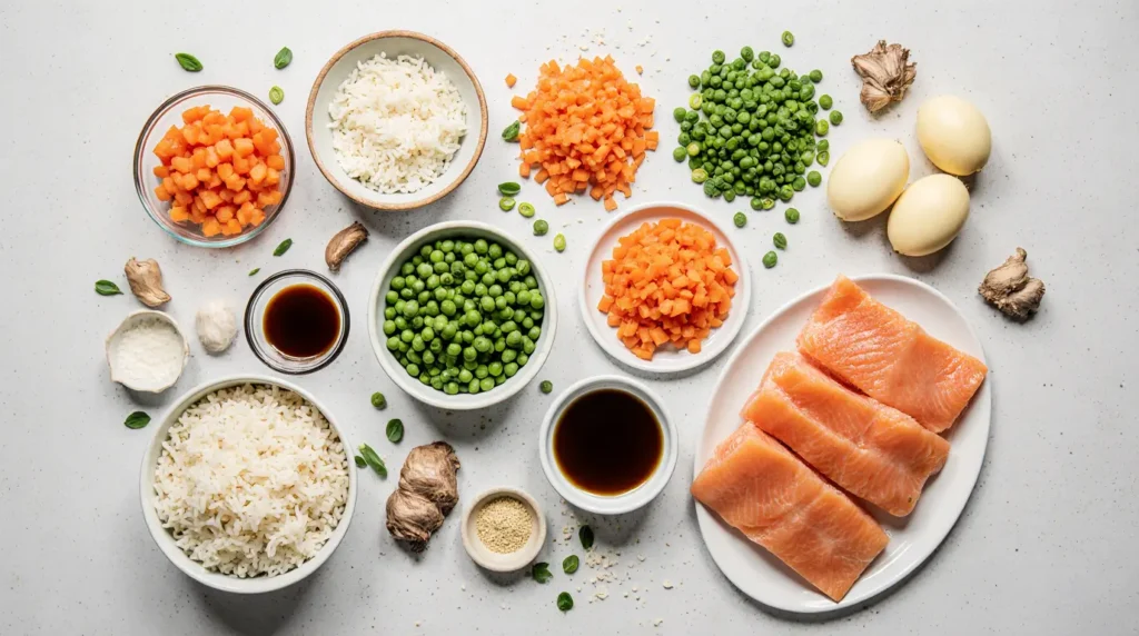 Fresh ingredients for homemade salmon fried rice recipe neatly arranged on white background.