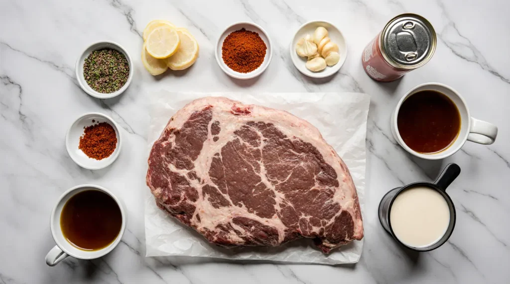 Fresh ingredients for homemade shredded beef recipe neatly arranged on white background