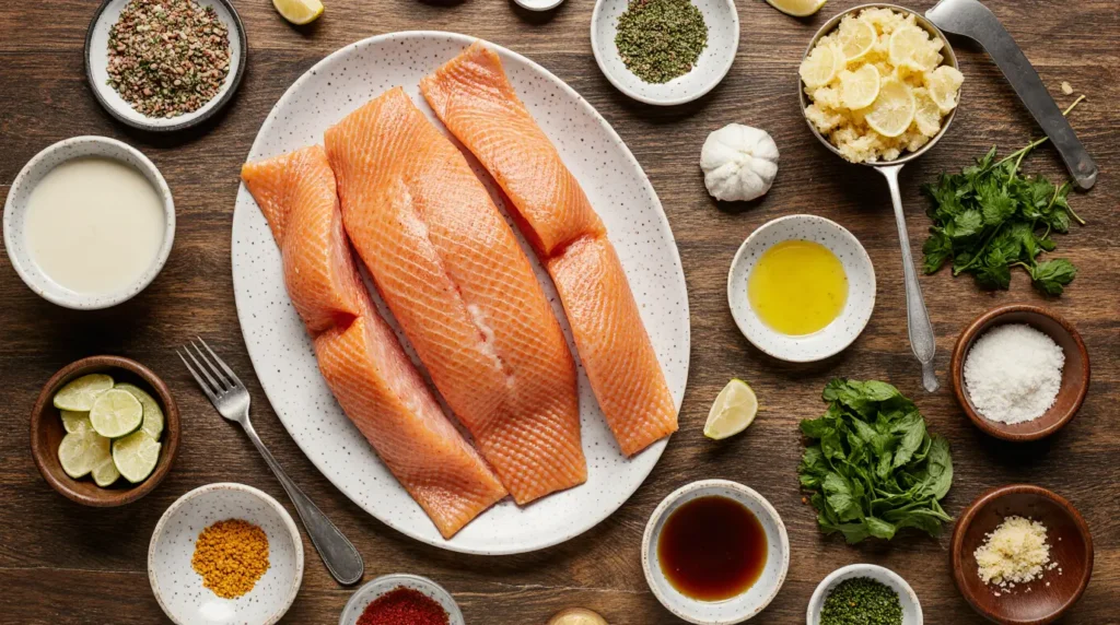 Fresh ingredients for homemade Yuzu Glazed Salmon recipe flat lay