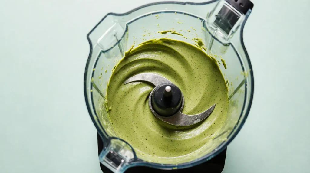 Close-up of blending technique for smooth matcha chia pudding with yogurt base