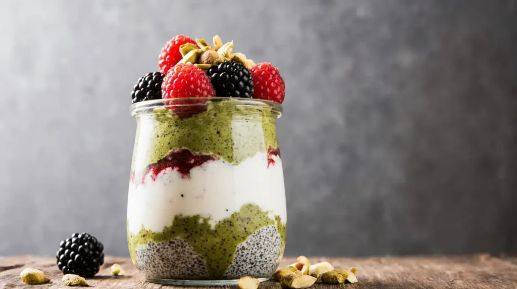 Finished matcha chia pudding with yogurt served in a jar for a healthy Australian breakfast