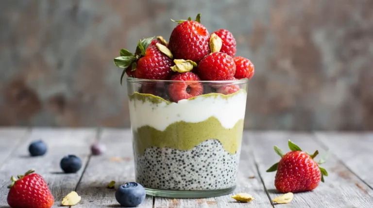 Creamy Australian matcha chia pudding with yogurt, raspberries, and pistachios in a glass jar