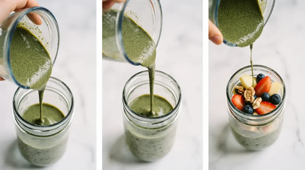 Step-by-step process for making matcha chia pudding with yogurt