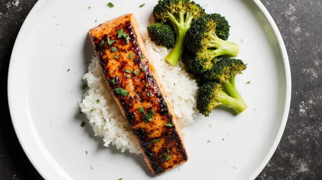 Final plated Miso Salmon Recipe with rice and broccoli