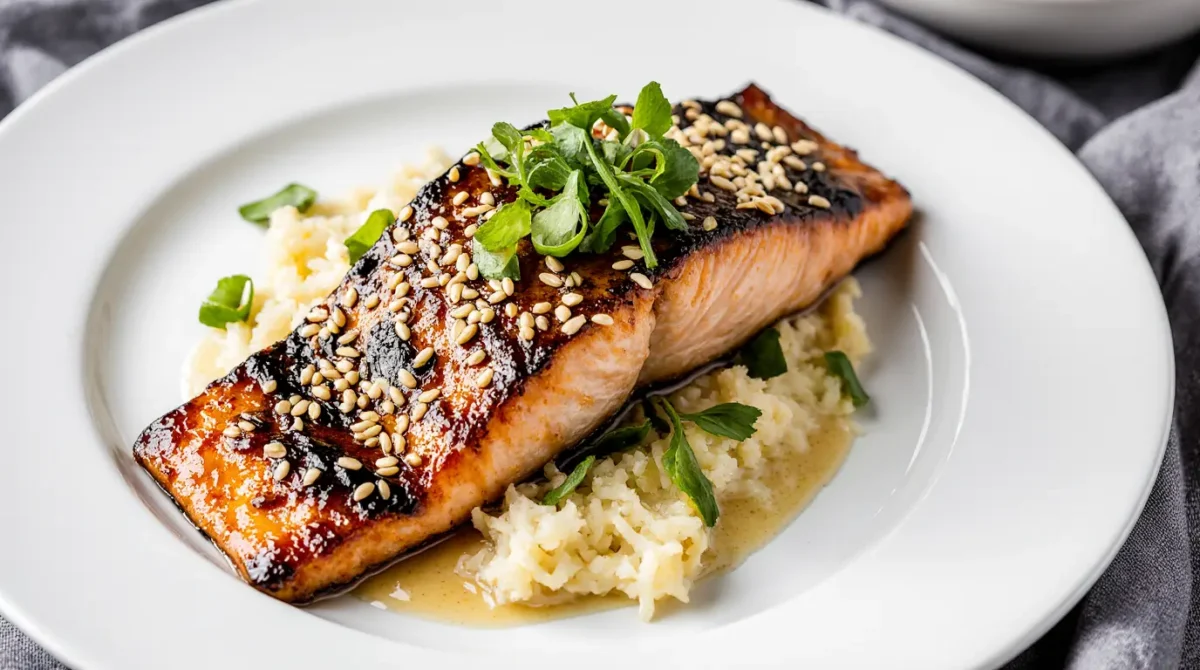 Freshly cooked Miso Salmon Recipe with caramelized glaze on white plate