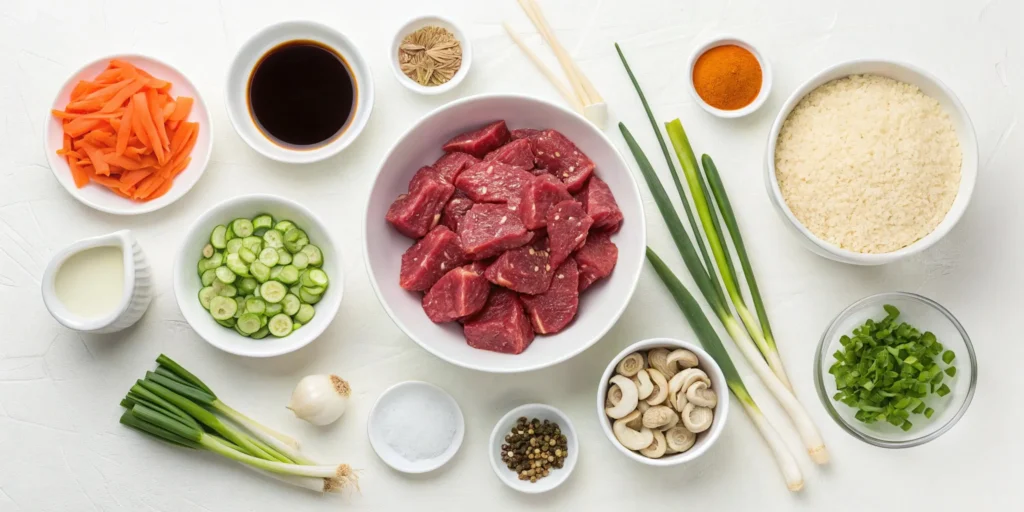 "All fresh ingredients for homemade Mongolian Beef Recipe arranged on white background"