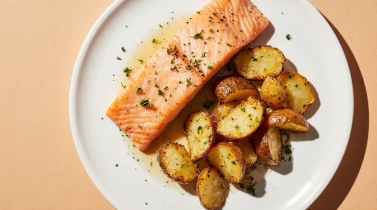 Freshly baked salmon with potatoes recipe with golden potatoes and flaky salmon