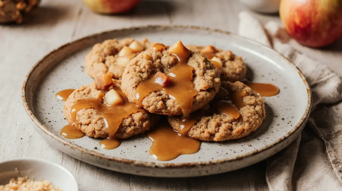 Freshly cooked Caramel Apple Cookies with golden crispy texture on white plate