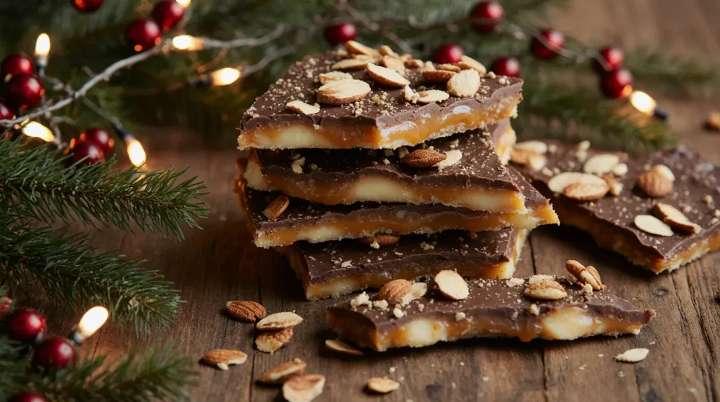 Christmas Crack Recipe 5 Final plated Christmas Crack Recipe with glossy chocolate and caramel layers