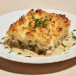 Freshly cooked Neiman Marcus Chicken Casserole with golden crispy texture on white plate