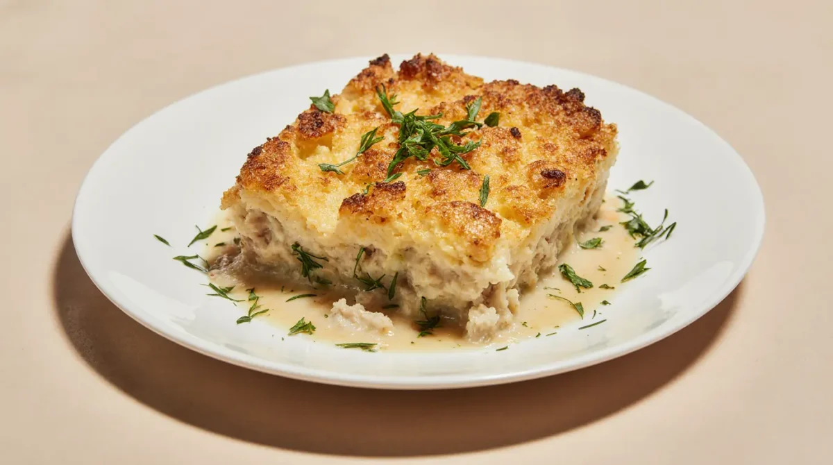 Freshly cooked Neiman Marcus Chicken Casserole with golden crispy texture on white plate