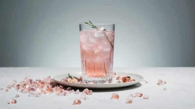 Freshly made pink salt trick recipe for weight loss drink with lemon slice and mint on white background