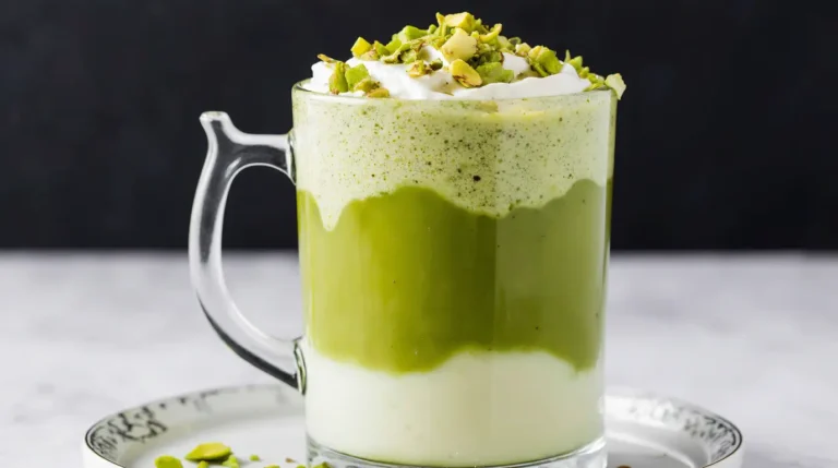 Beautiful layered pistachio matcha latte in a glass mug