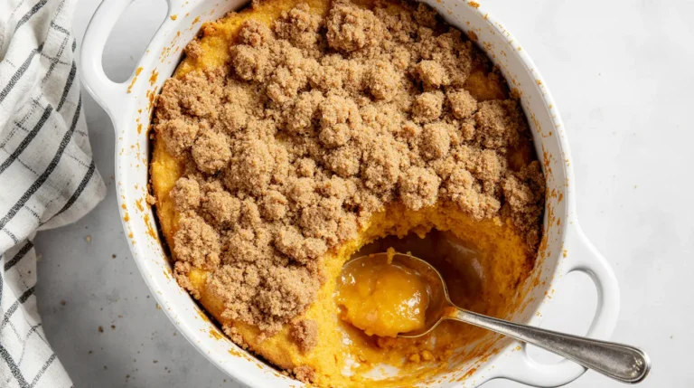 Freshly baked pumpkin dump cake with a crisp golden topping in a white dish