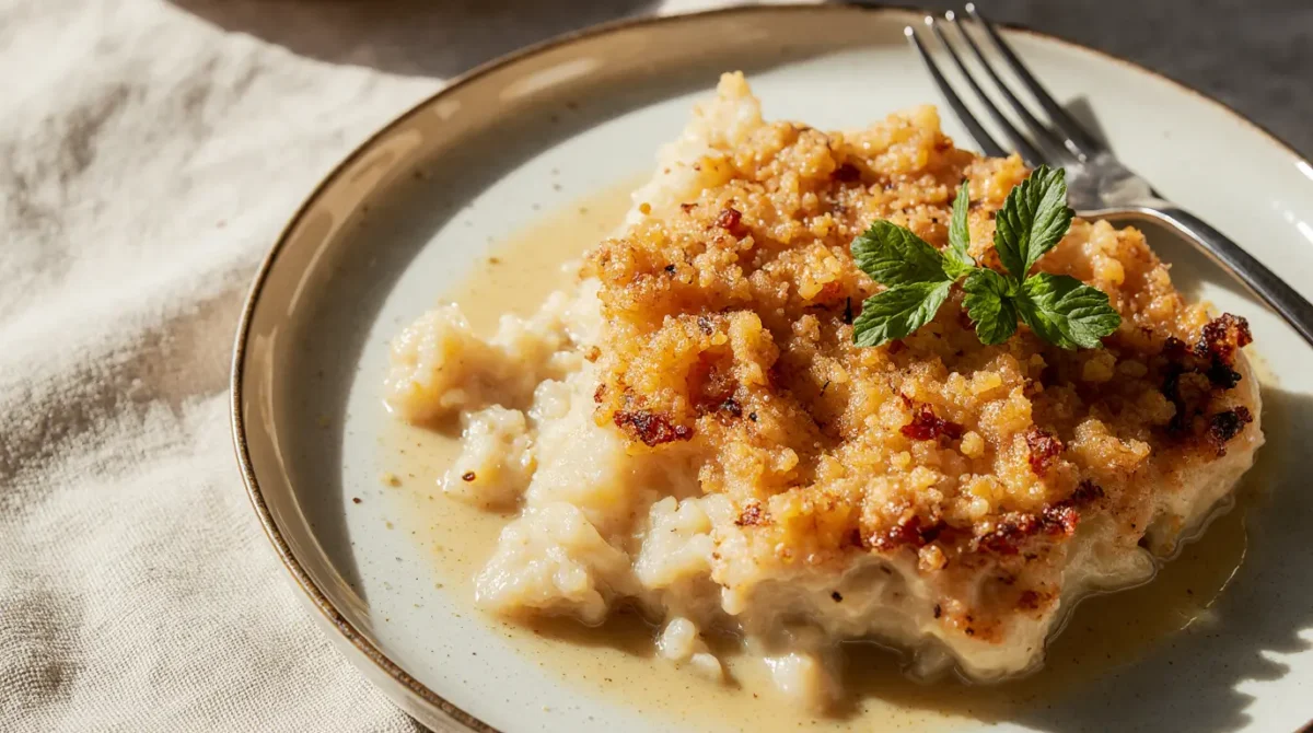 Freshly cooked Ritz Cracker Chicken Casserole with golden crispy texture on white plate
