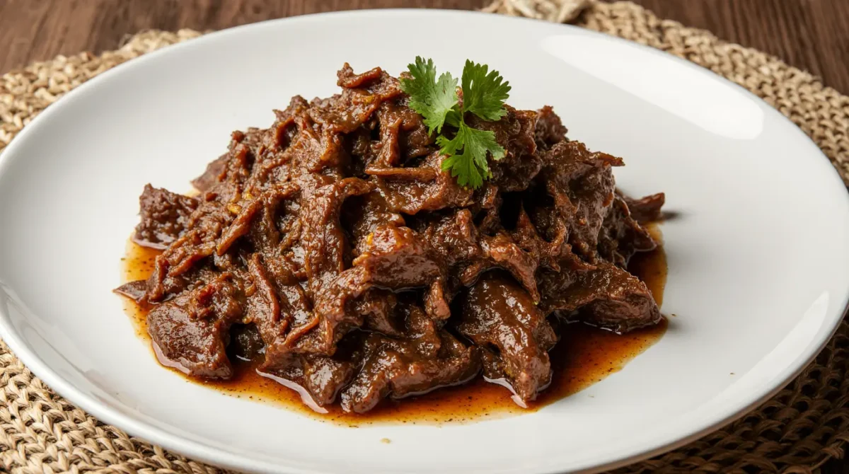 Freshly cooked shredded beef recipe with tender, juicy texture in a wooden bowl