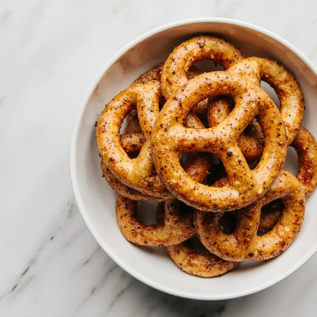 Freshly cooked spicy pretzel recipe, golden twists in a white bowl, natural light.