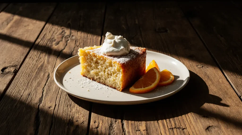 Served slice of orange and almond cake with Greek yogurt