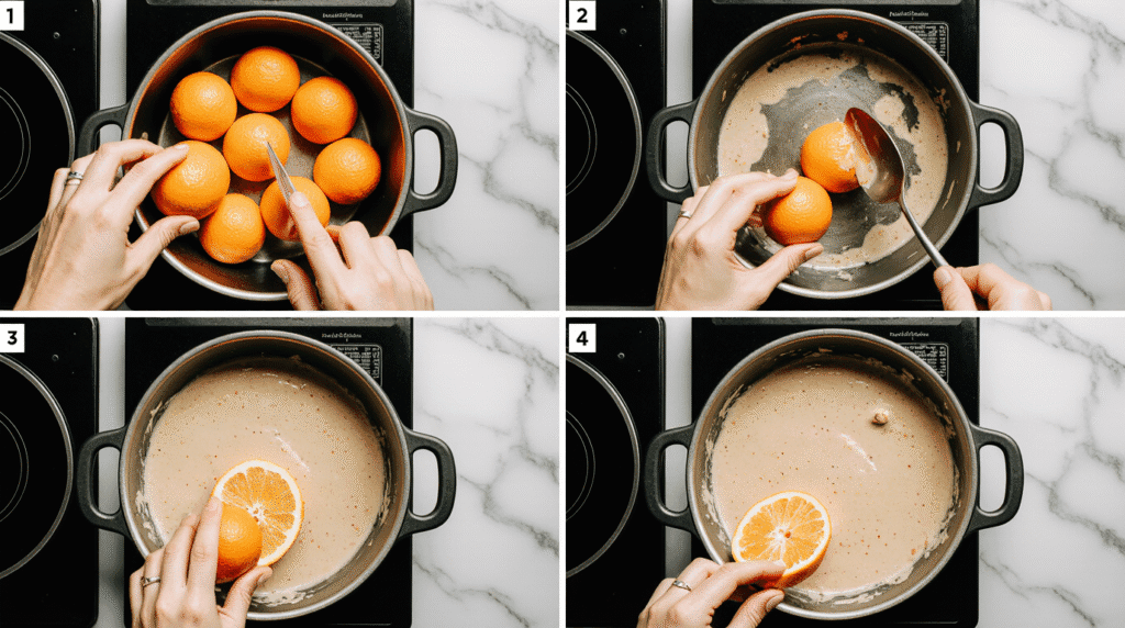 Step-by-step preparation process for orange and almond cake recipe