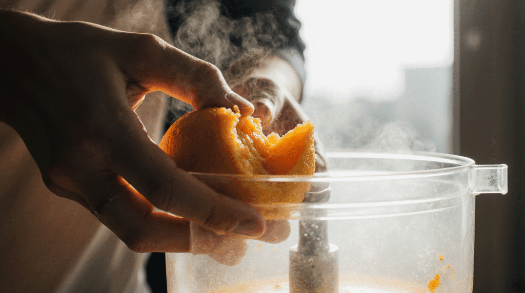 Close-up view of processing boiled oranges for orange almond cake