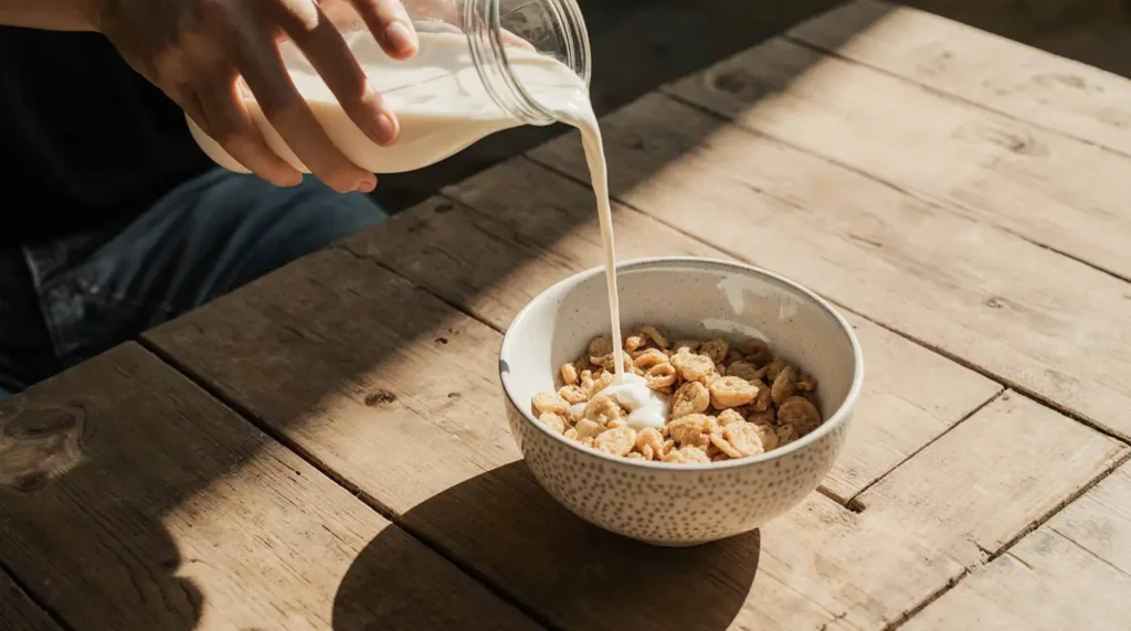 Pouring milk over a bowl of mini pancake cereal recipe
