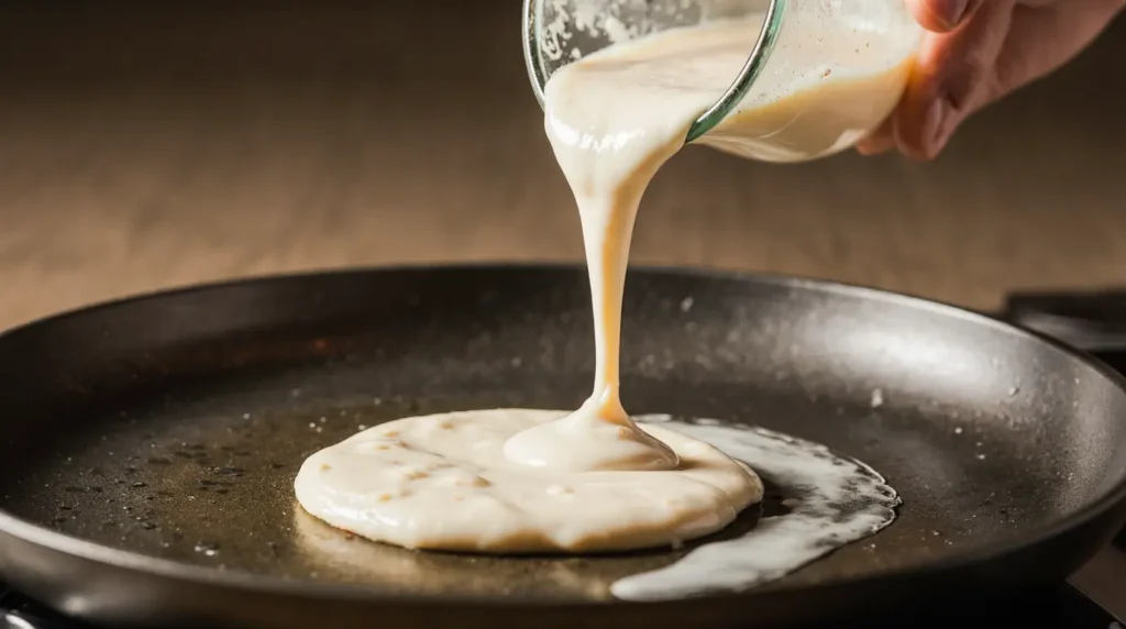 Close-up of piping pancake cereal recipe batter onto a hot griddle