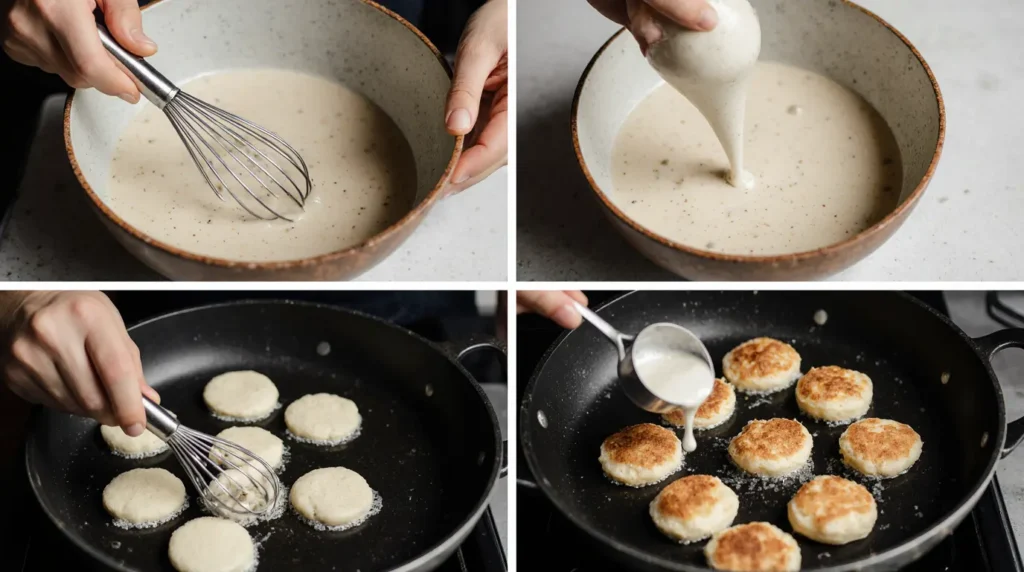 Step-by-step process for making pancake cereal recipe from mixing batter to flipping mini pancakes