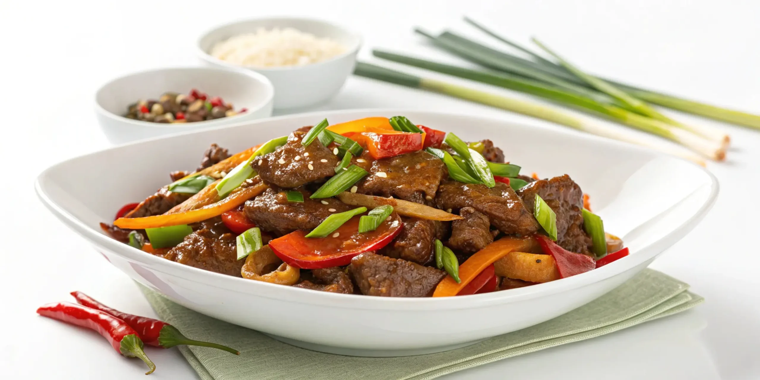 "Perfectly cooked Mongolian Beef Recipe with amazing texture and flavor isolated on white background"