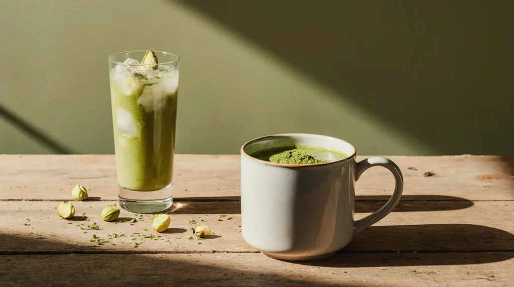 Hot and iced pistachio matcha lattes ready to serve