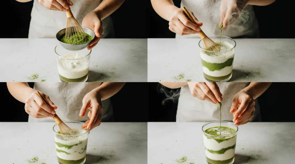 Step-by-step preparation process for pistachio matcha latte
