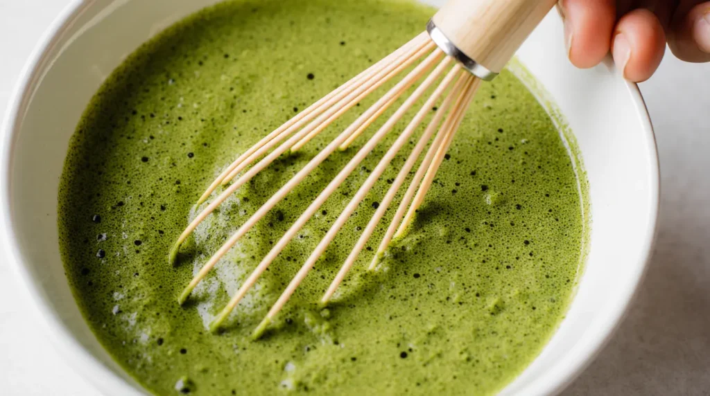 Close-up view of whisking matcha for pistachio matcha latte