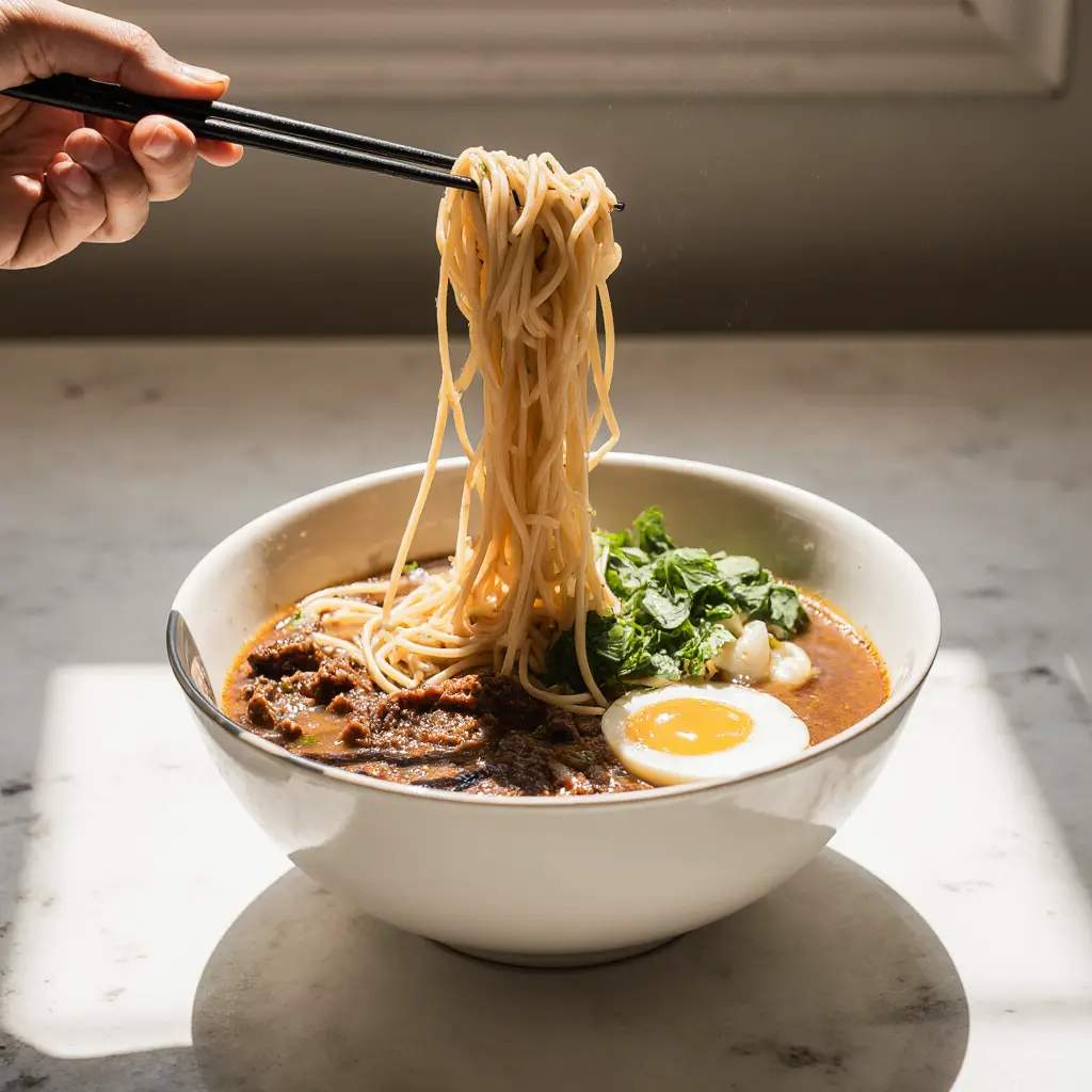 Final presentation—Beef Brisket Ramen Recipe in white bowl.