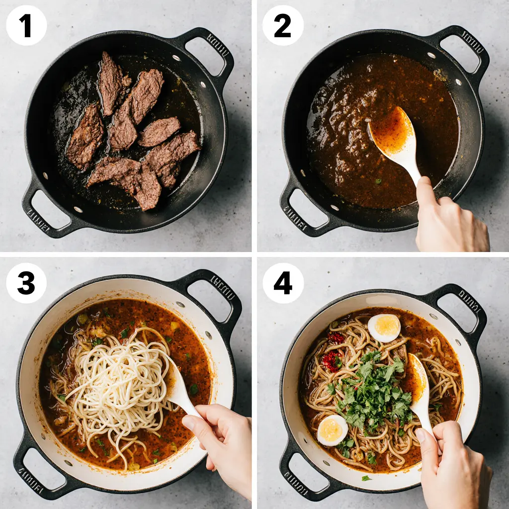Step-by-step cooking process of Tantanmen Beef Brisket Ramen Recipe.