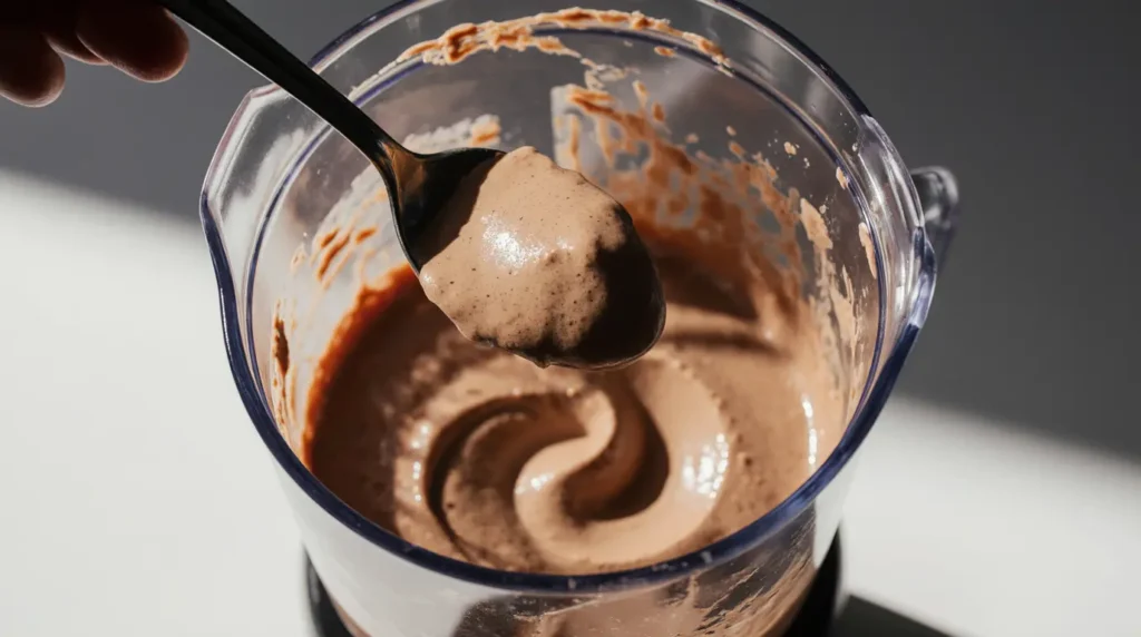 Close-up view of the smooth, creamy texture of protein chocolate mousse