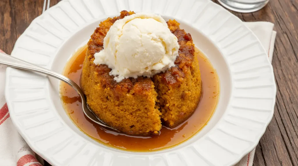 Final served pumpkin dump cake with vanilla ice cream in a bowl