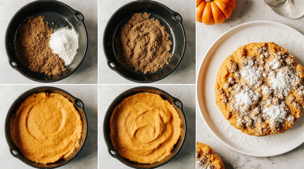 Step-by-step preparation process for pumpkin dump cake recipe shown naturally