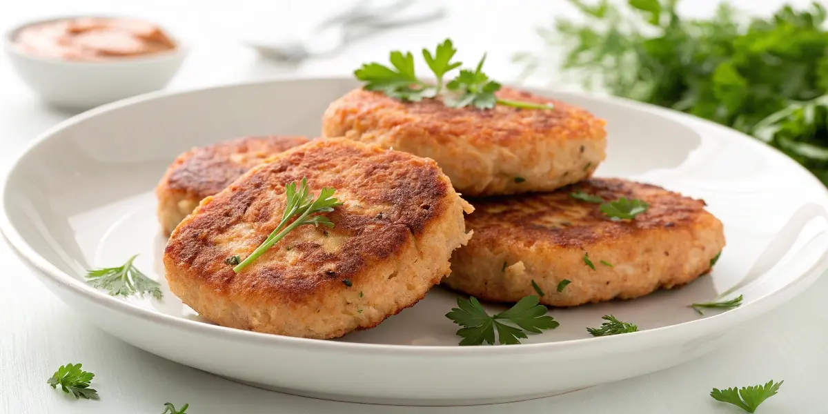 "Perfectly cooked salmon patties recipe with amazing texture and flavor isolated on white background"