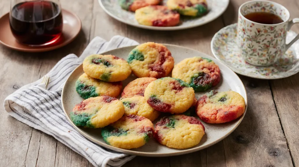 Close-up of forming multicolored dough for rainbow jello sugar cookies