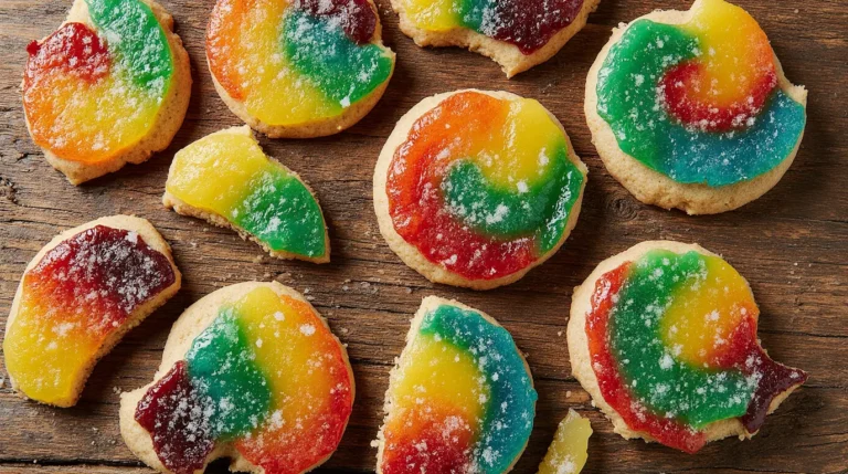 Vibrant rainbow jello sugar cookies with colorful fruity flavors on Australian wood table