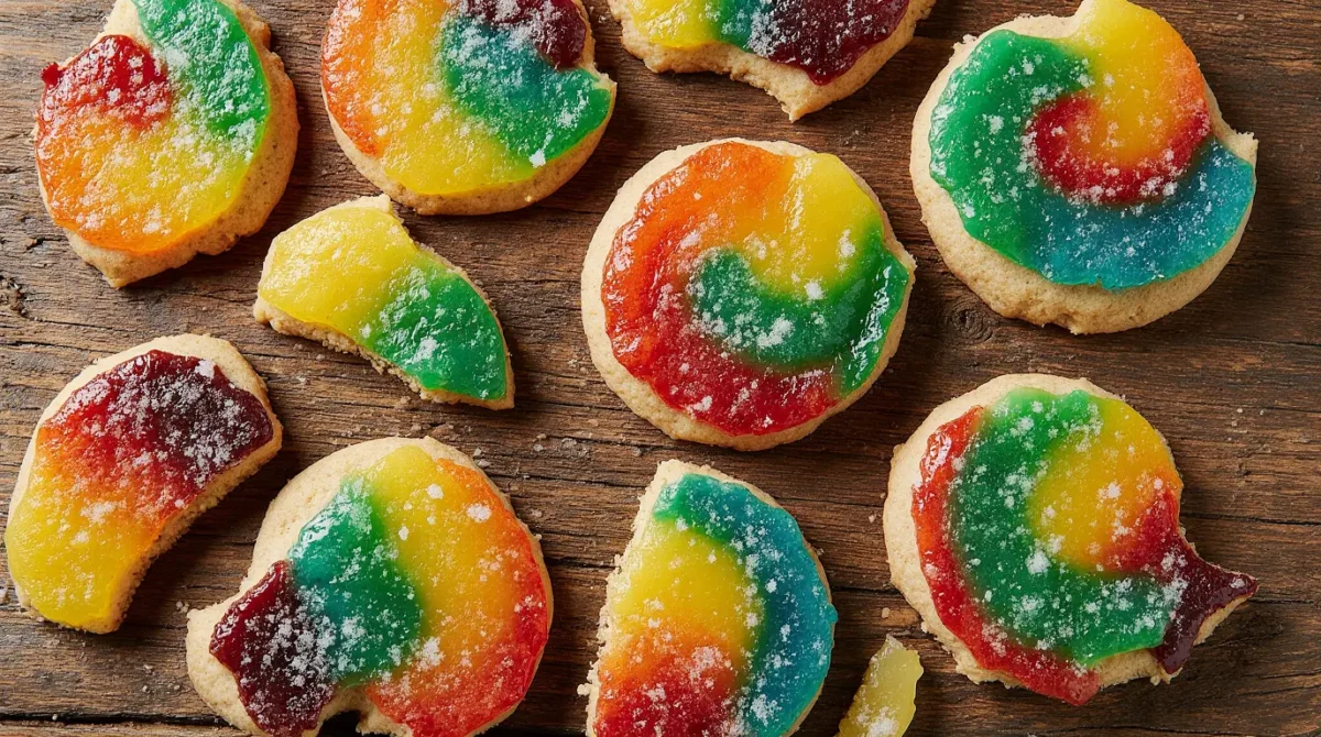 Vibrant rainbow jello sugar cookies with colorful fruity flavors on Australian wood table