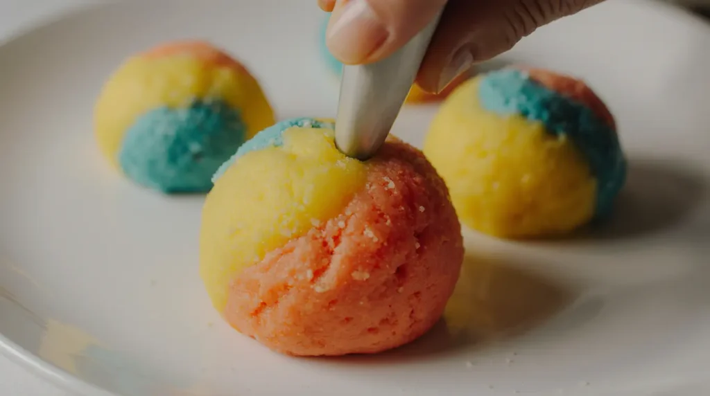 Close-up of forming multicolored dough for rainbow jello sugar cookies