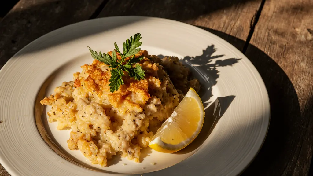 Final plated Ritz Cracker Chicken Casserole recipe with natural golden texture