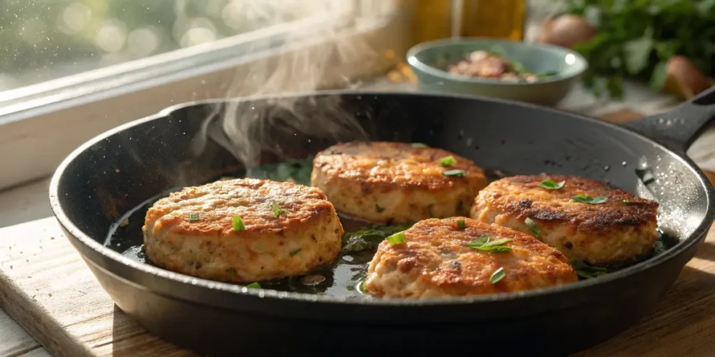 "Close-up view of Salmon Patties Recipe cooking technique with golden crust forming"