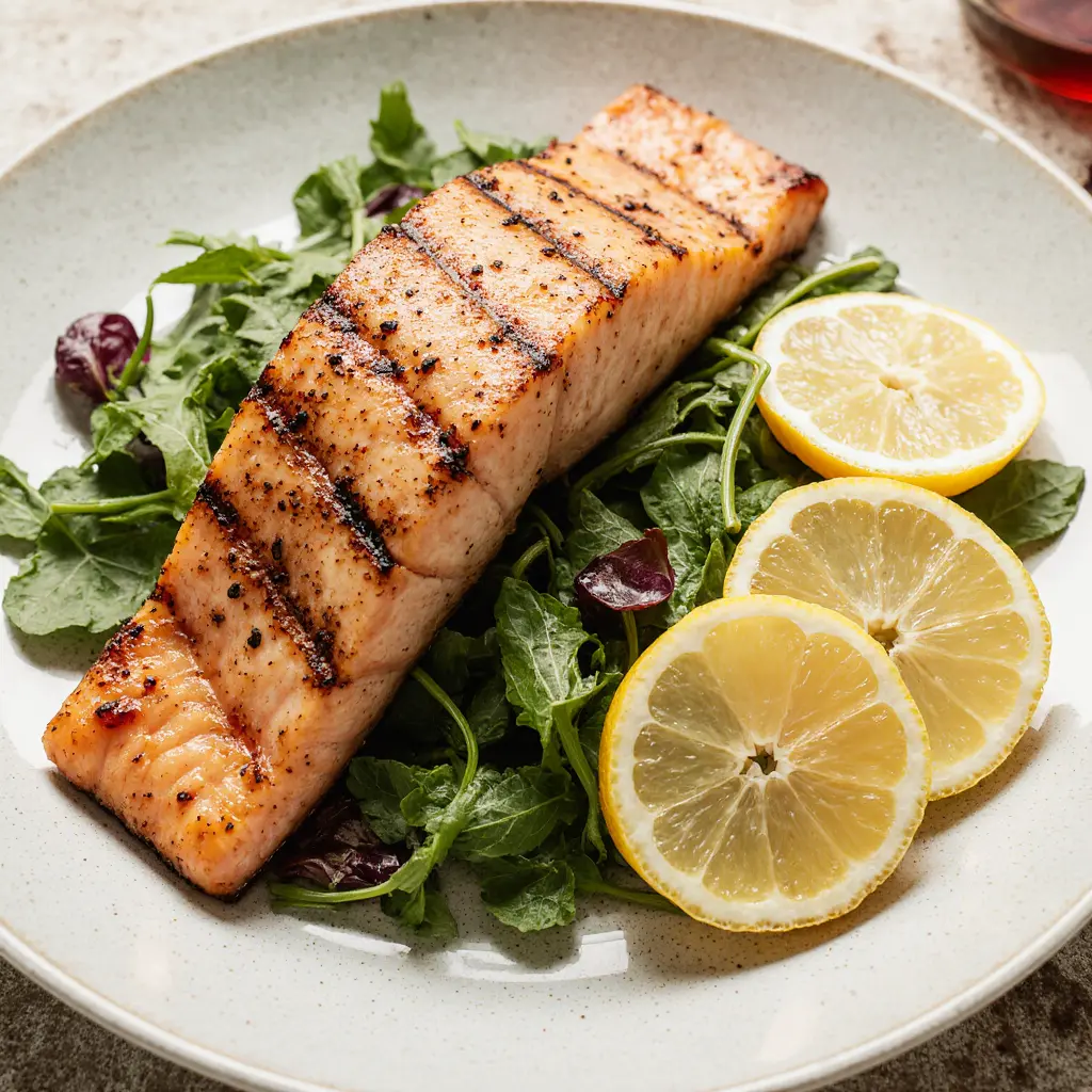 Healthy Asian salmon dish with lemon and vegetables