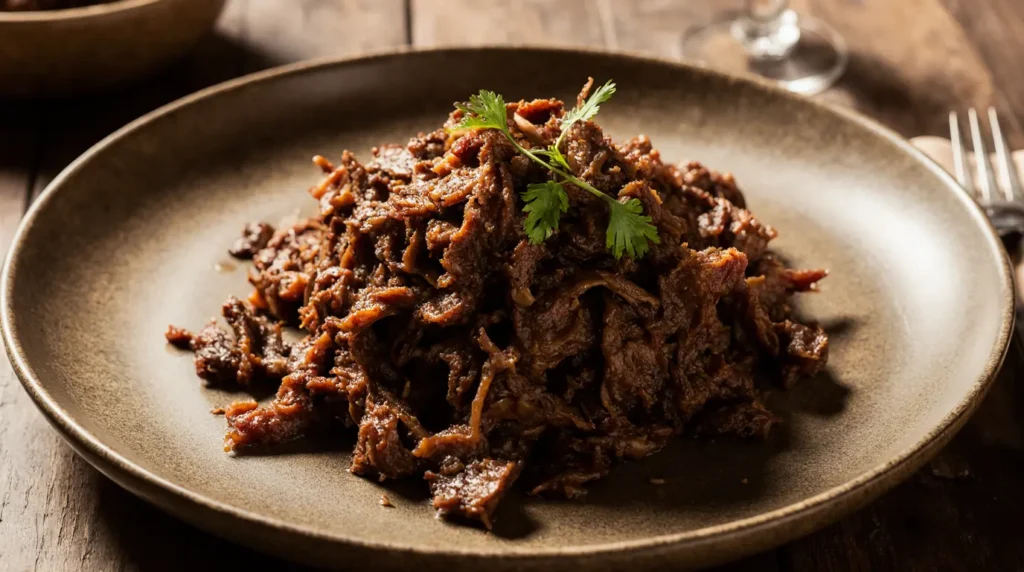 Final plated shredded beef recipe served in authentic
