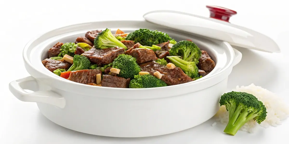 Perfectly cooked slow cooker beef and broccoli recipe with tender beef and crisp vibrant broccoli isolated on white background