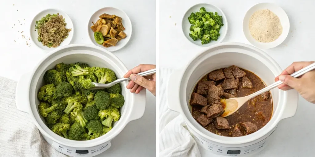 Step-by-step cooking process for slow cooker beef and broccoli showing mixing beef and sauce in bowl on white background