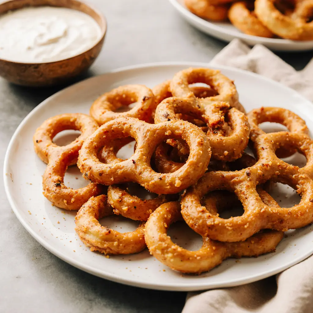 Rustic golden spicy pretzels on white plate, home afternoon light, dipping sauce nearby.