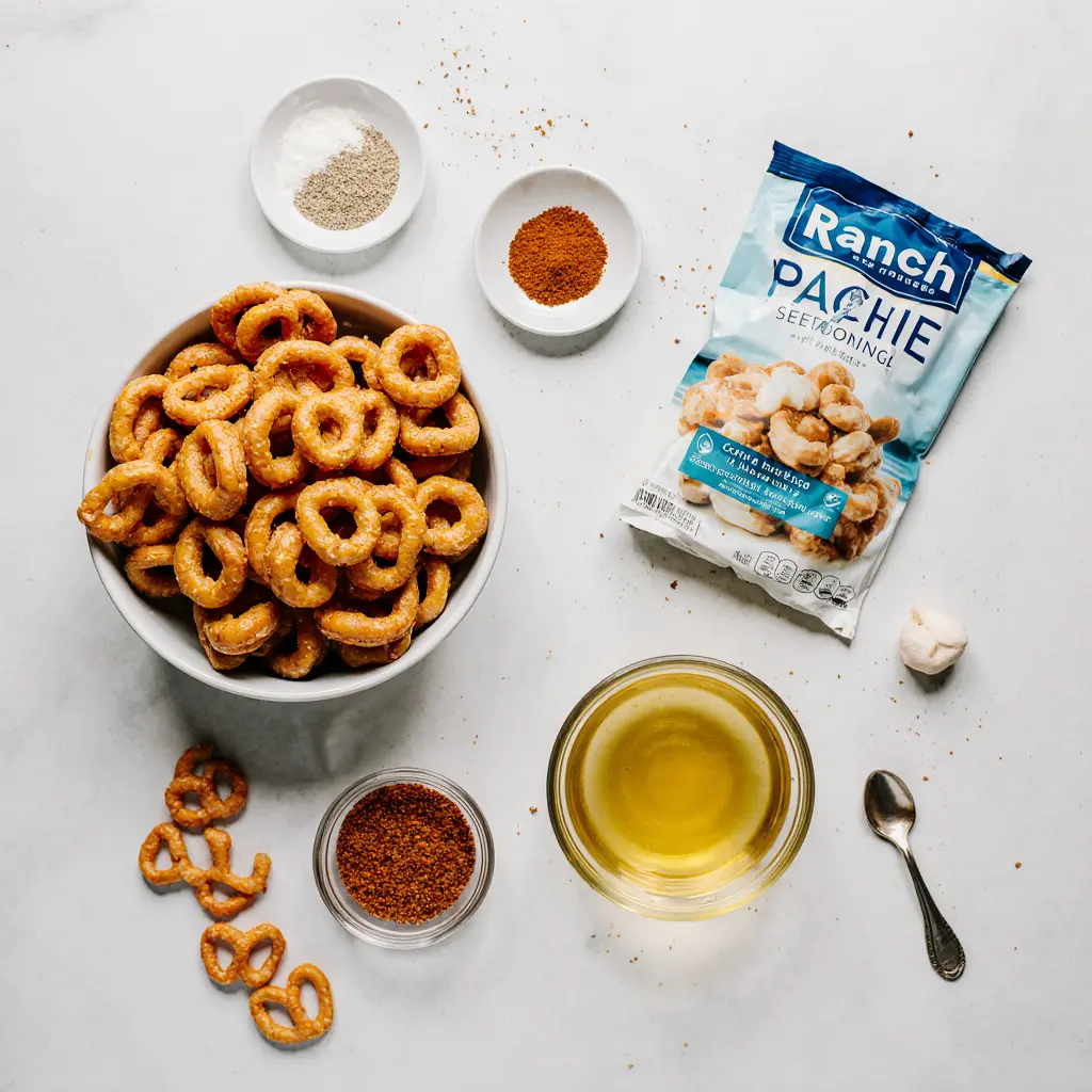 Ingredients for spicy pretzel recipe arranged on white table, bright daylight.