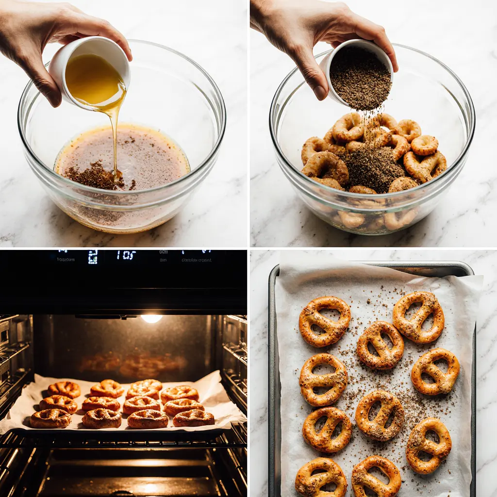 Step-by-step collage showing spicy pretzel recipe preparation in real kitchen.